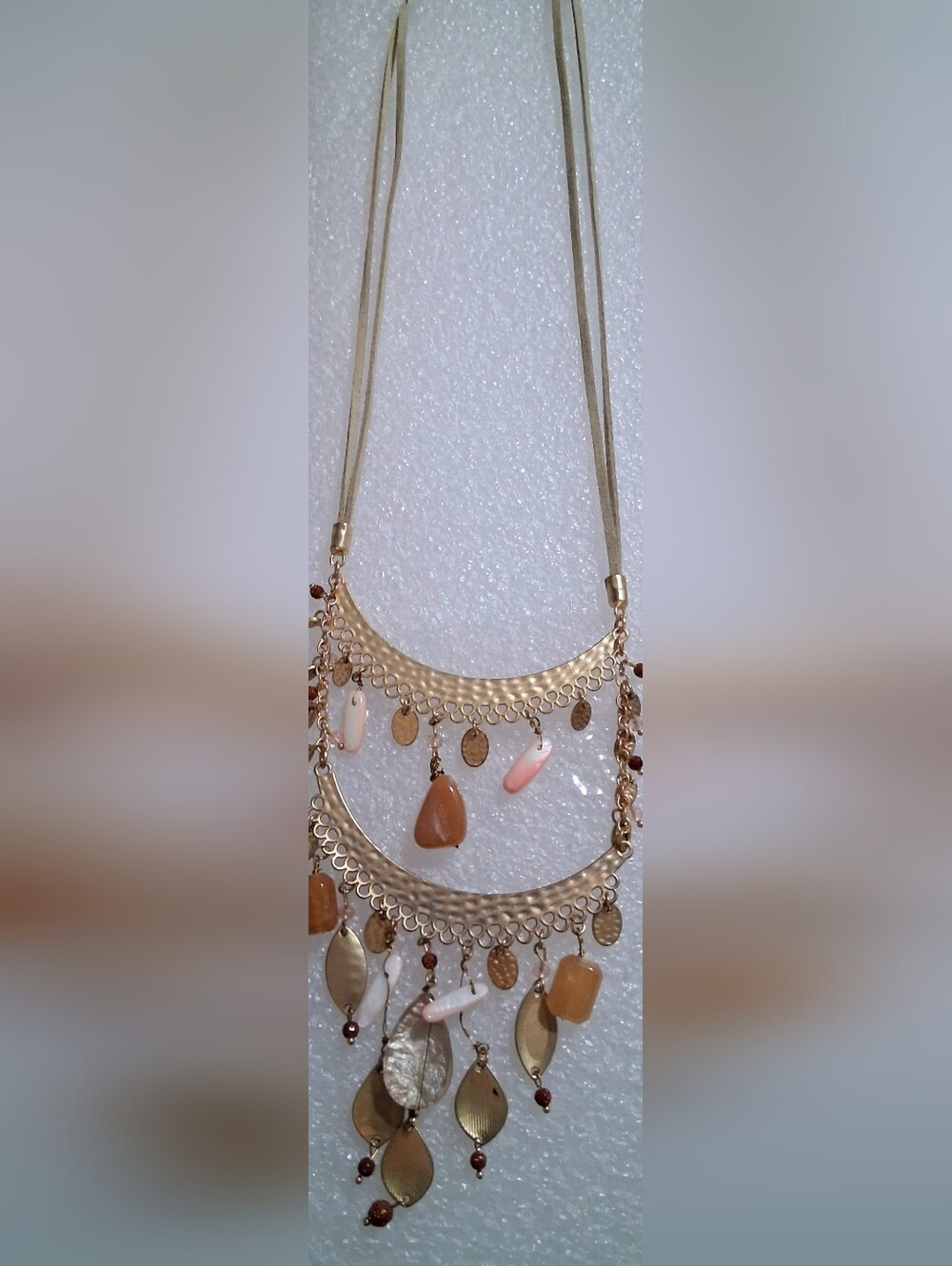Gold-Tone Boho Dangle Necklace with Pink and Brown Accents